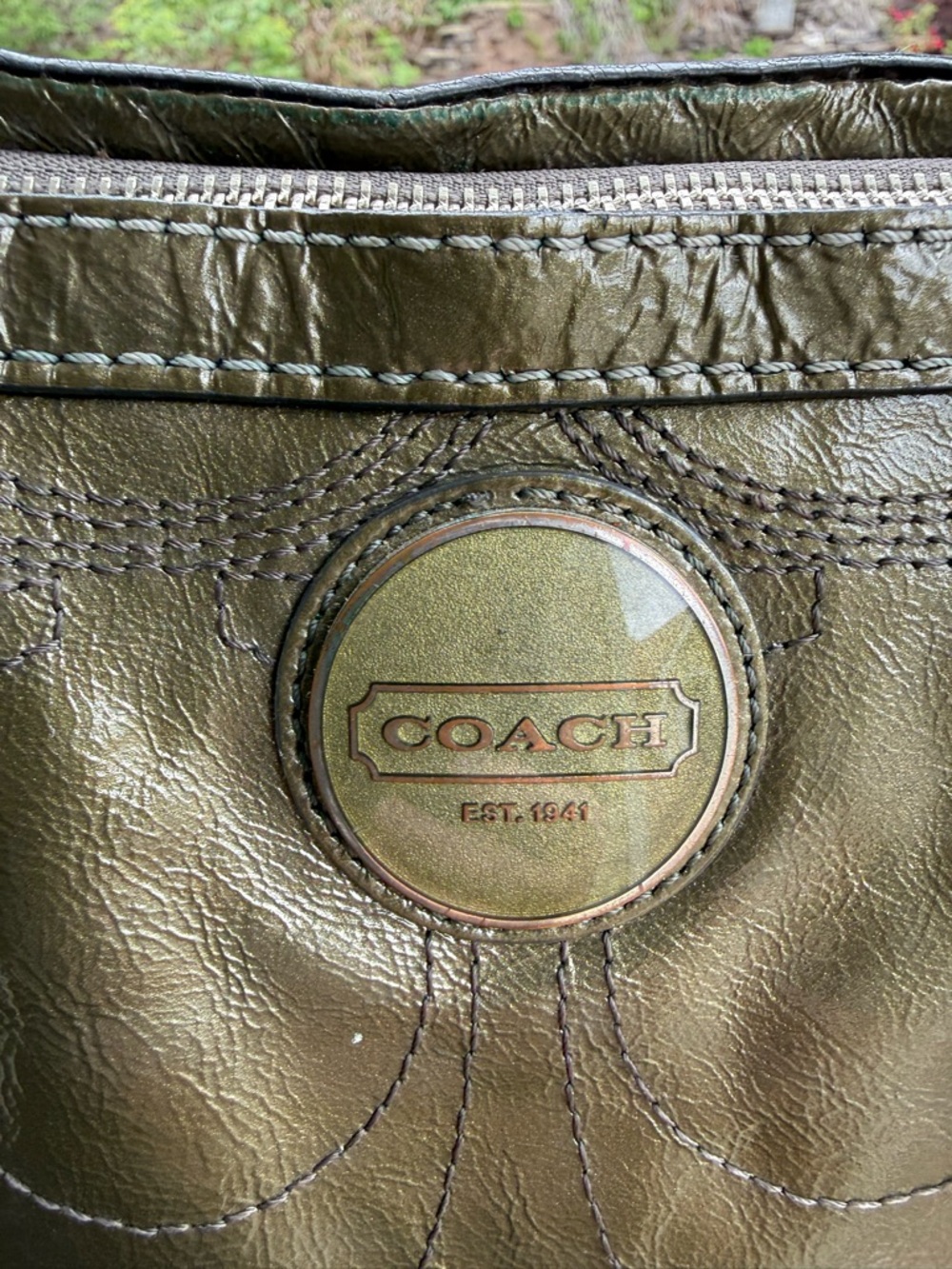 Coach Patent Leather Signature Tote Bag – Olive Green | Hangtag + Medallio